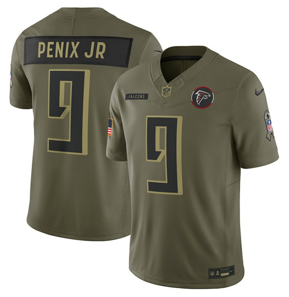Men's Atlanta Falcons #9 Michael Penix Jr. Olive 2025 Salute to Service Limited Football Stitched Jersey