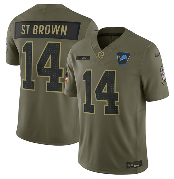 Men's Detroit Lions #14 Amon-Ra St. Brown Olive 2025 Salute to Service Limited Football Stitched Jersey