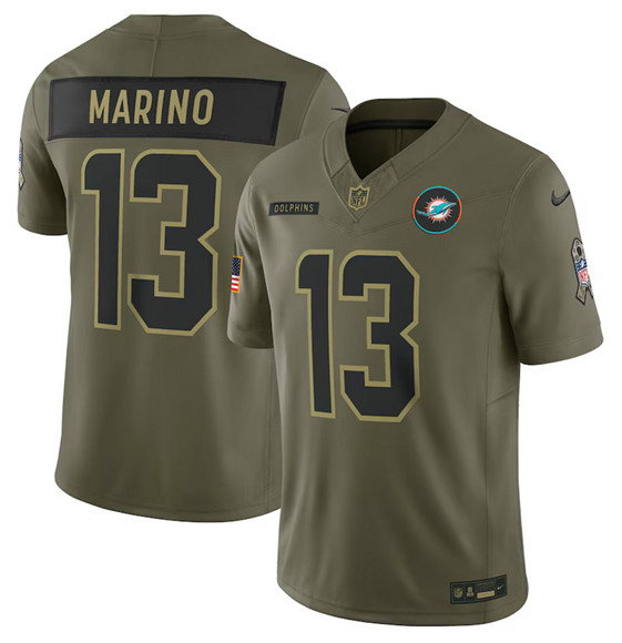 Men's Miami Dolphins #13 Dan Marino Olive 2025 Salute to Service Limited Football Stitched Jersey