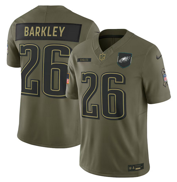 Men's Philadelphia Eagles #26 Saquon Barkley Olive 2025 Salute to Service Limited Football Stitched Jersey