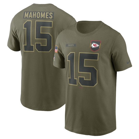 Men's Kansas City Chiefs #15 Patrick Mahomes Olive 2025 Salute to Service Name & Number T-Shirt