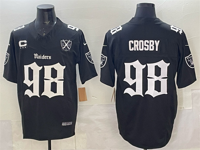 Men's Las Vegas Raiders #98 Maxx Crosby Black F.U.S.E. Gothic Sin City Shadows Edition With 65th Anniversary 3-Star C Patch Vapor Untouchable Limited Stitched Football Jersey
