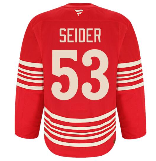 Men's Detroit Red Wings #53 Moritz Seider Red 2025 Centennial Premium Stitched Jersey