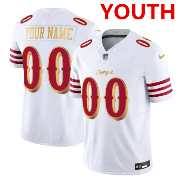 Youth San Francisco 49ers ACTIVE PLAYER Custom White Gold 2025 F.U.S.E. “Rivalries” Vapor Limited Football Stitched Jersey