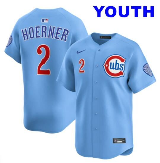Youth Chicago Cubs #2 Nico Hoerner Light Blue 2024-25 2nd Alternate Limited Stitched Baseball Jersey