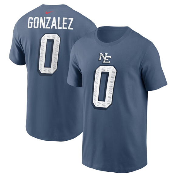 Men's New England Patriots #0 Christian Gonzalez Blue 2025 Rivalries Collection Player Name & Number T-Shirt