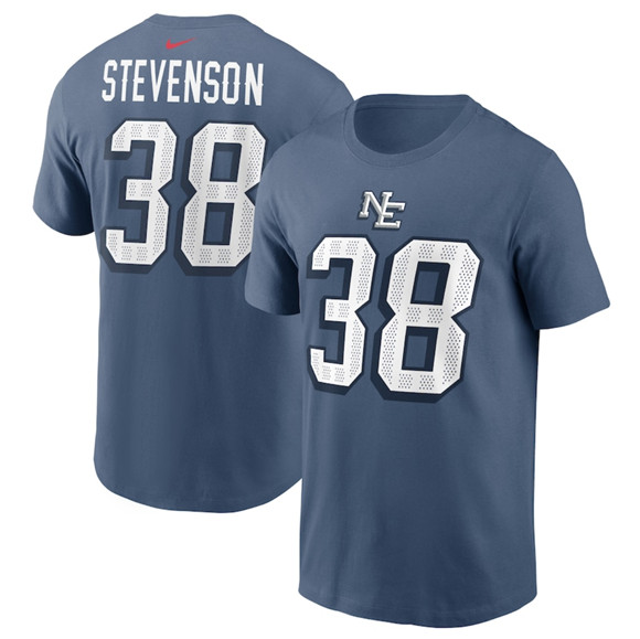 Men's New England Patriots #38 Rhamondre Stevenson Blue 2025 Rivalries Collection Player Name & Number T-Shirt