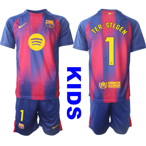 Youth Barcelona #1 TER STEGEN 2025-26 Home Red Suit Soccer Kids Jerseys