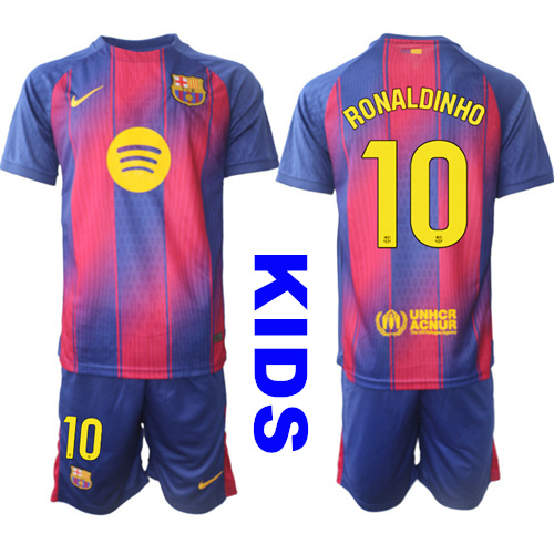 Youth Barcelona #10 RONALDINHO 2025-26 Home Red Suit Soccer Kids Jerseys