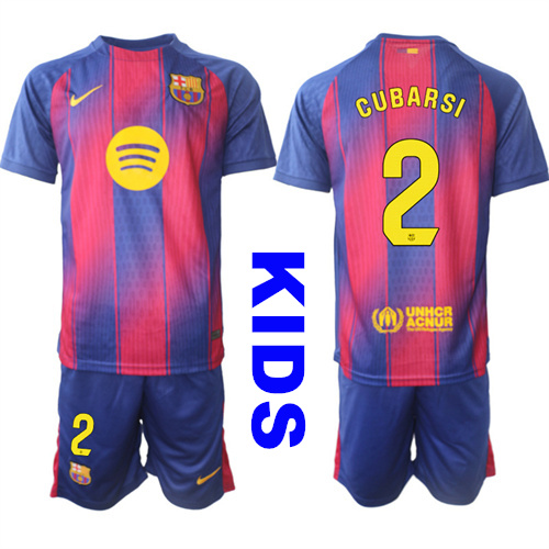 Youth Barcelona #2 CUBARSI 2025-26 Home Red Suit Soccer Kids Jerseys