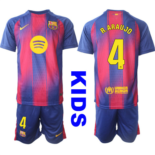 Youth Barcelona #4 R.ARAUJO 2025-26 Home Red Suit Soccer Kids Jerseys