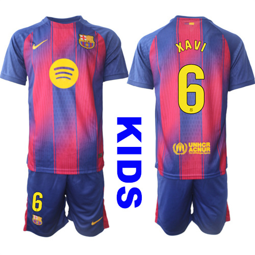 Youth Barcelona #6 XAVI 2025-26 Home Red Suit Soccer Kids Jerseys