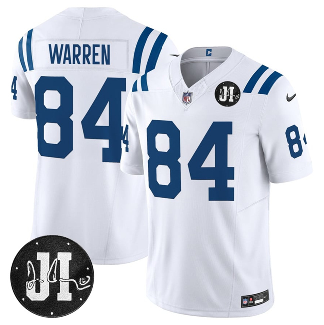 Men's Indianapolis Colts #84 Tyler Warren White 2025 F.U.S.E. Jim Irsay Patch Vapor Limited Football Stitched Jersey