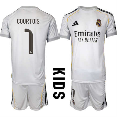 Youth Real Madrid #1 COURTOIS 2025-26 home Kids Suit Soccer Jerseys