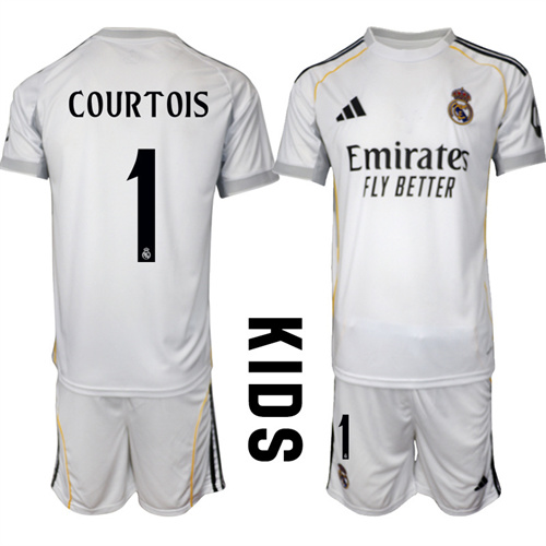Youth Real Madrid #1 COURTOIS 2025-26 home Kids Suit Soccer Jerseys