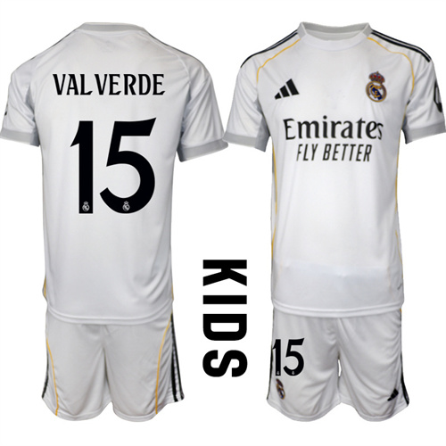 Youth Real Madrid #15 VALVERDE 2025-26 home Kids Suit Soccer Jerseys