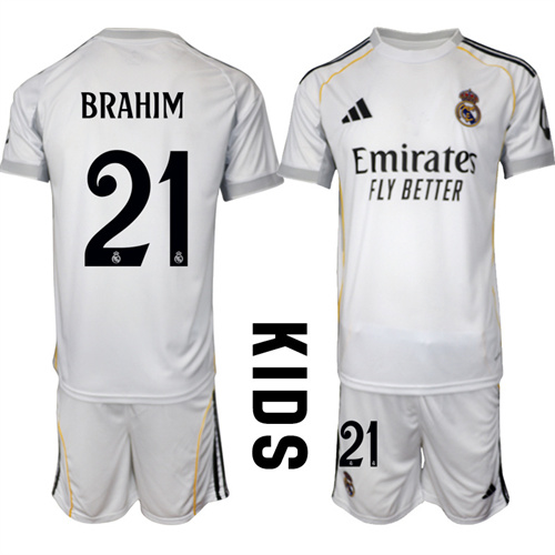 Youth Real Madrid #21 BRAHIM 2025-26 home Kids Suit Soccer Jerseys