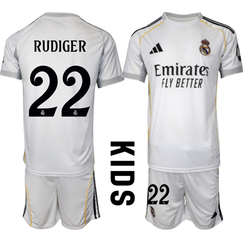 Youth Real Madrid #22 RUDIGER 2025-26 home Kids Suit Soccer Jerseys