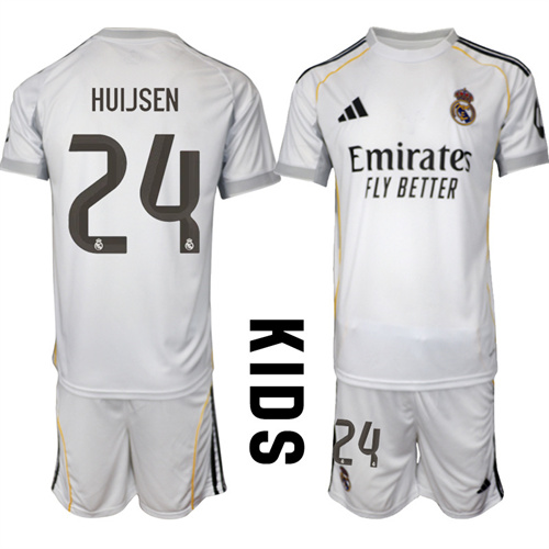 Youth Real Madrid #24 HUIJSEN 2025-26 home Kids Suit Soccer Jerseys