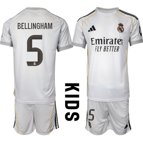 Youth Real Madrid #5 BELLINGHAM 2025-26 home Kids Suit Soccer Jerseys