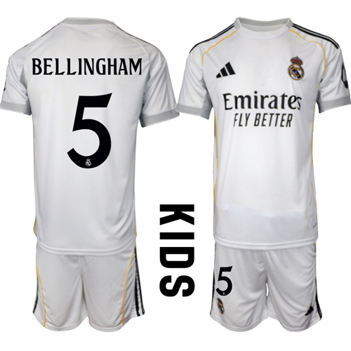 Youth Real Madrid #5 BELLINGHAM 2025-26 home Kids Suit Soccer Jerseys