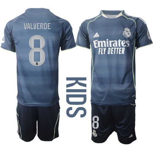 Youth Real Madrid #8 VALVERDE 2025-26 away Kids Suit Soccer Jerseys