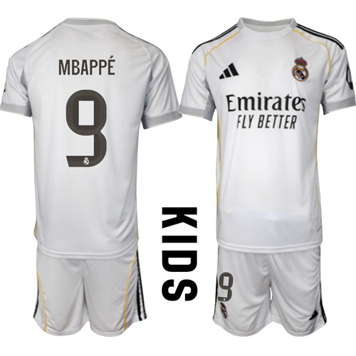 Youth Real Madrid #9 MBAPPE 2025-26 home Kids Suit Soccer Jerseys