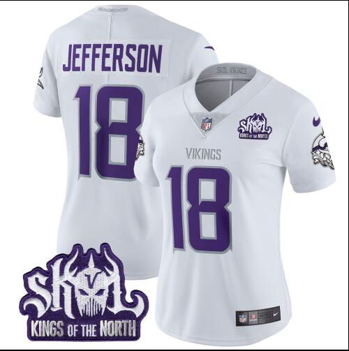 Women Minnesota Vikings #18 Justin Jefferson White 2025 F.U.S.E. Winter Warrior Skol Patch Vapor Limited Football Stitched Jersey