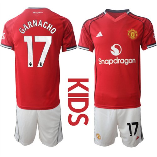 Youth Manchester United #17 GARNACHO 2025-26 Home Kids Suit Soccer Jerseys