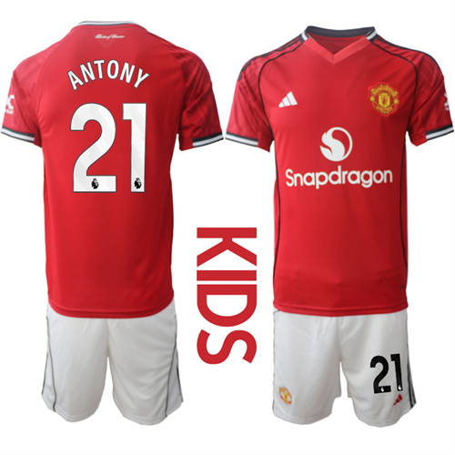 Youth Manchester United #21 ANTONY 2025-26 Home Kids Suit Soccer Jerseys
