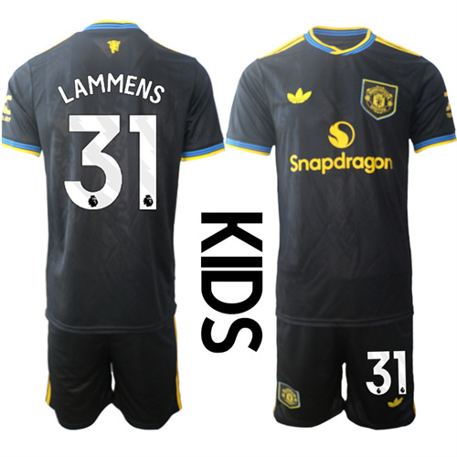Youth Manchester United #31 LAMMENS 2025-26 Away 2nd Kids Suit Soccer Jerseys