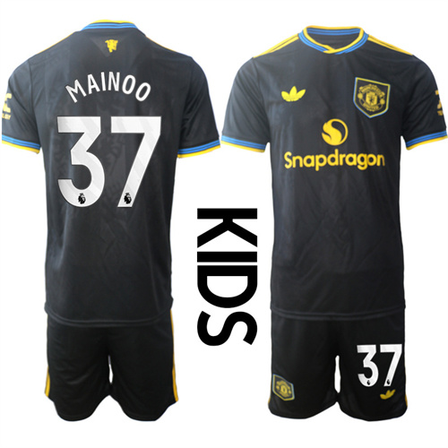 Youth Manchester United #37 MAINOO 2025-26 Away 2nd Kids Suit Soccer Jerseys