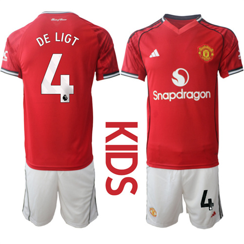 Youth Manchester United #4 DE LIGT 2025-26 Home Kids Suit Soccer Jerseys