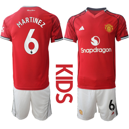 Youth Manchester United #6 MARTINEZ 2025-26 Home Kids Suit Soccer Jerseys