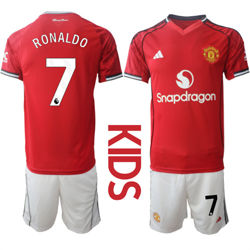 Youth Manchester United #7 RONALDO 2025-26 Home Kids Suit Soccer Jerseys