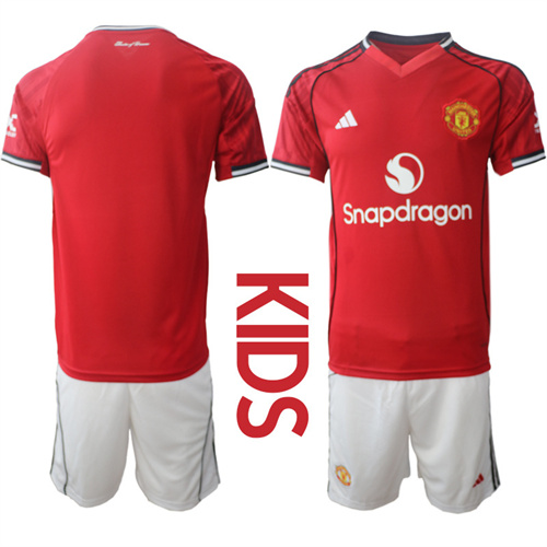 Youth Manchester United Blank 2025-26 Home Kids Suit Soccer Jerseys