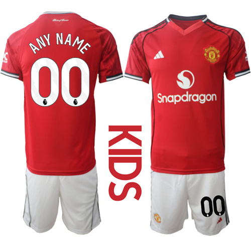 Youth Manchester United Custom Any Name And Number 2025-26 Home Kids Suit Soccer Jerseys