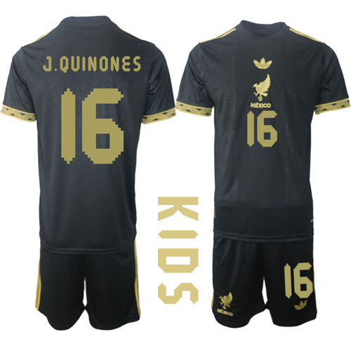 Youth Mexico de Oro #16 J.QUINONES 2025-26 México de Oro Third Away Black Gold Short Sleeve Match Soccer Kids Suit Jersey
