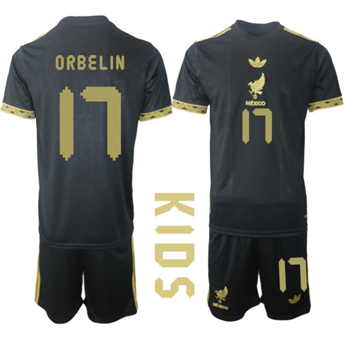 Youth Mexico de Oro #17 ORBELIN 2025-26 México de Oro Third Away Black Gold Short Sleeve Match Soccer Kids Suit Jersey