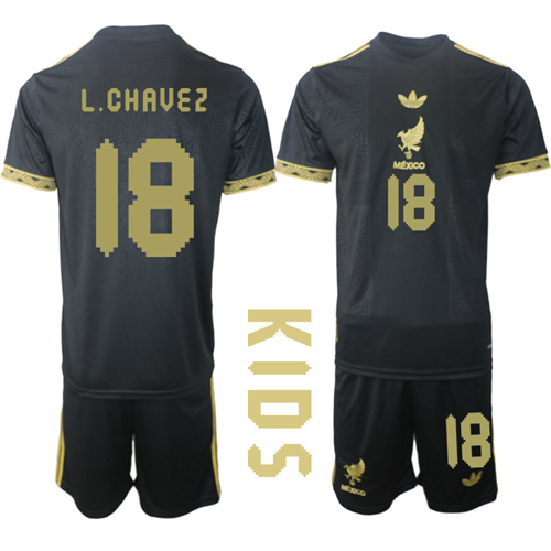 Youth Mexico de Oro #18 L.CHAVEZ 2025-26 México de Oro Third Away Black Gold Short Sleeve Match Soccer Kids Suit Jersey