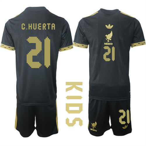 Youth Mexico de Oro #21 C.HUERTA 2025-26 México de Oro Third Away Black Gold Short Sleeve Match Soccer Kids Suit Jersey