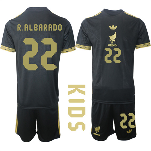 Youth Mexico de Oro #22 R.ALBARADO 2025-26 México de Oro Third Away Black Gold Short Sleeve Match Soccer Kids Suit Jersey
