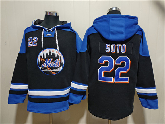 Men's New York Mets #22 Juan Soto Black Blue Ageless Must-Have Lace-Up Pullover Hoodie
