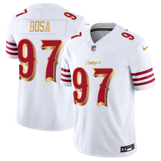 Men's San Francisco 49ers #97 Nick Bosa White Gold 2025 F.U.S.E. “Rivalries” Vapor Limited Football Stitched Jersey