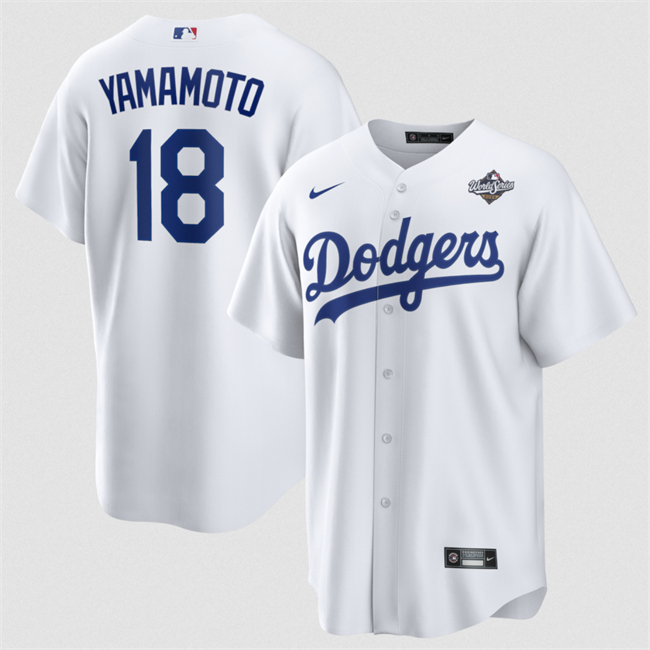 Men's Los Angeles Dodgers #18 Yoshinobu Yamamoto White 2025 World Series Home Cool Base Stitched Baseball Jersey
