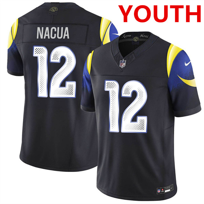 Youth los angeles rams #12 puka nacua midnight blue 2025 f.u.s.e. “rivalries” vapor limited football stitched jersey