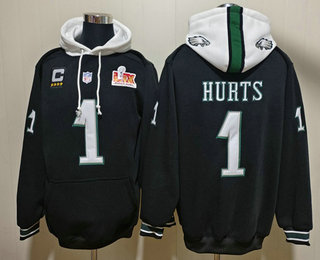 Men's Philadelphia Eagles #1 Jalen Hurts Black Super Bowl LIX Pullover Hoodie