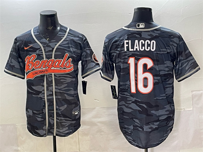 Men's Cincinnati Bengals #16 Joe Flacco Grey Camo With Patch Cool Base Stitched Baseball Jersey