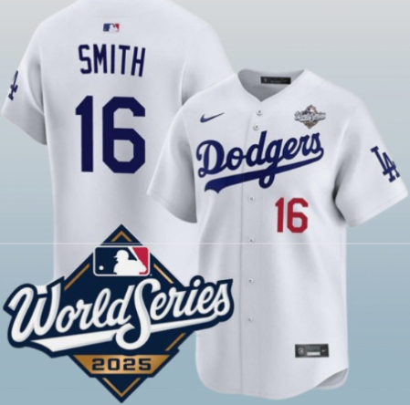 Men's Los Angeles Dodgers #16 Will Smith White 2025 World Series Home Limited Stitched Baseball Jersey