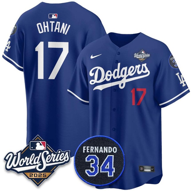 Men's Los Angeles Dodgers #17 Shohei Ohtani Royal 2025 World Series With No.34 Patch Limited Stitched Baseball Jersey